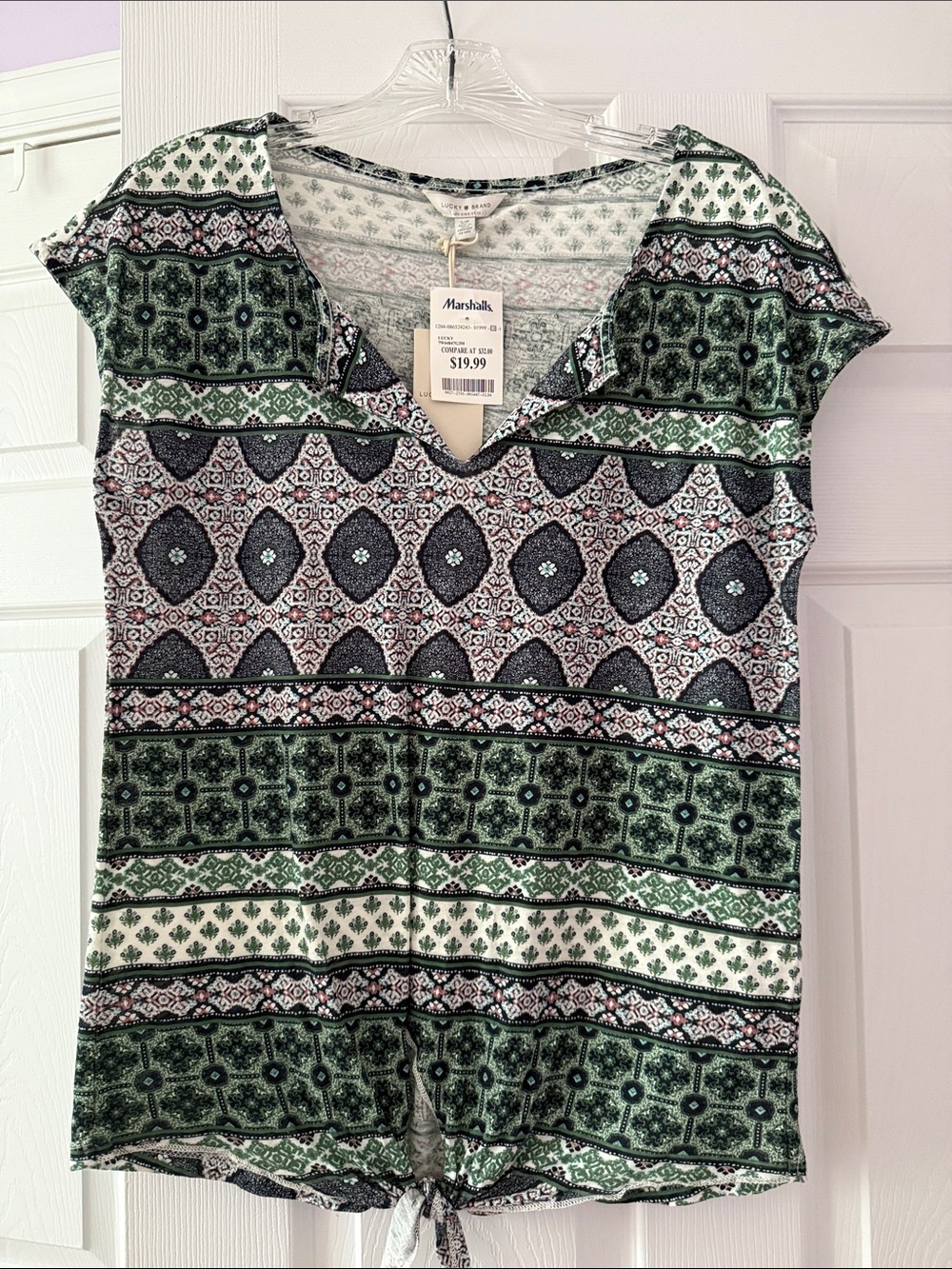 Lucky Brand Green and Black Patterned Tie-Front V-Neck Top